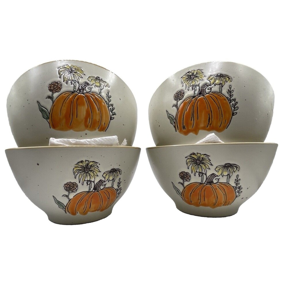 Spectrum Designz 2 Sunflower Pumpkin  Soup Cereal Noodle Bowls Embossed Fall